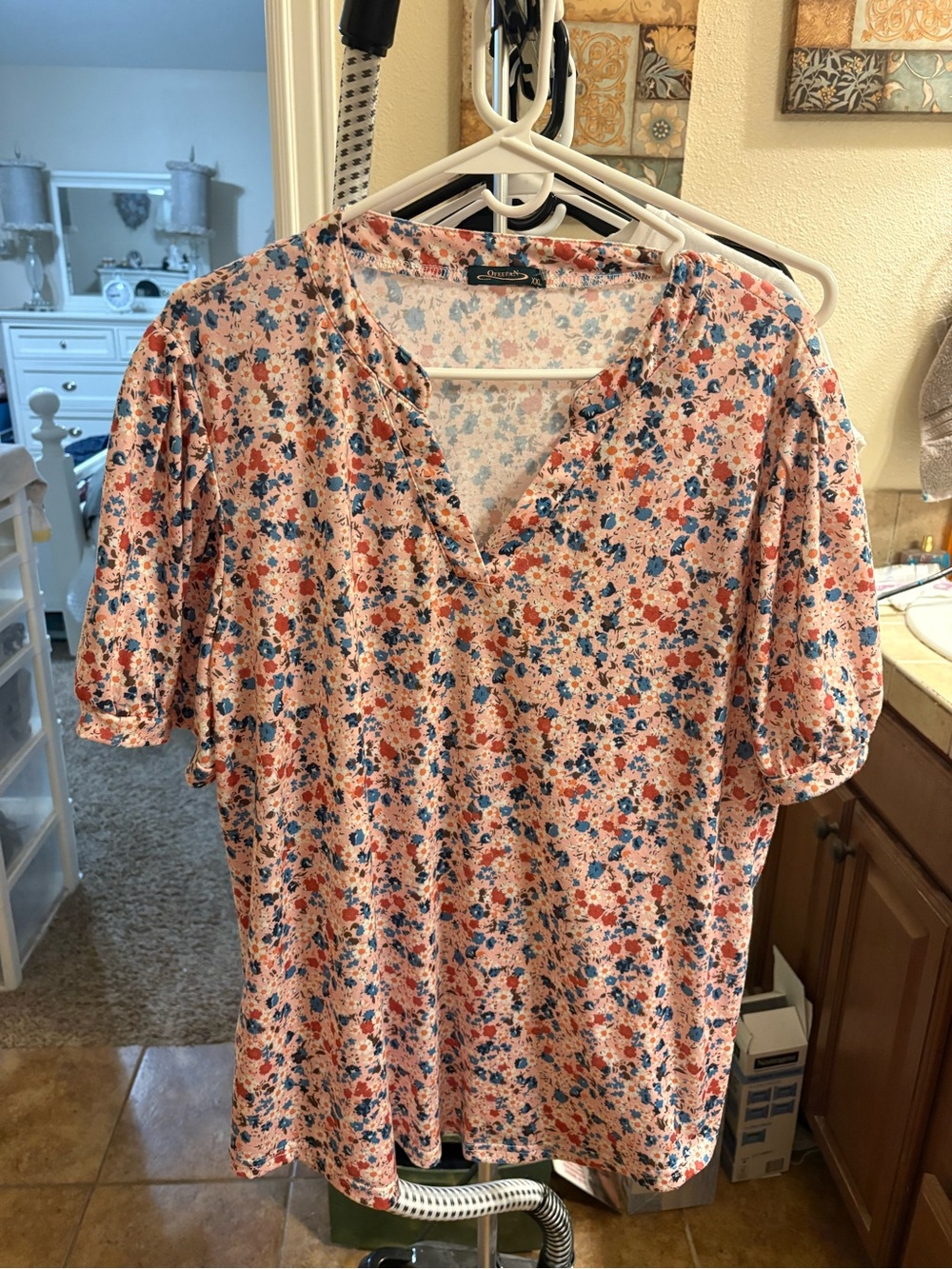 Floral V-Neck Puff Sleeve Blouse - Pink Multi